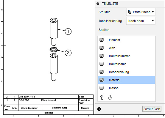 Datei:Software CAD - Fusion-Tutorial - Distanzstueck - Baugruppe - Zusammenbau-Zeichnung Teileliste Konfigurieren.gif