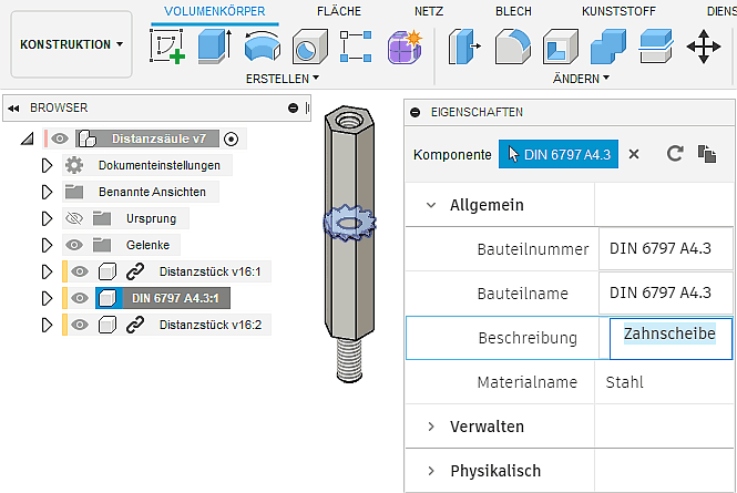 Datei:Software CAD - Fusion-Tutorial - Distanzstueck - Baugruppe - Zusammenbau-Zeichnung Teileliste Werte in Konstruktion aendern.gif