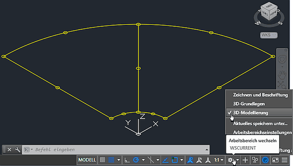 Datei:Software FEM - Tutorial - 3D-Mechanik - Z88 - Hexaeder-Netz AutoCAD Arbeitsbereich wechseln in 3D-Modellierung.gif